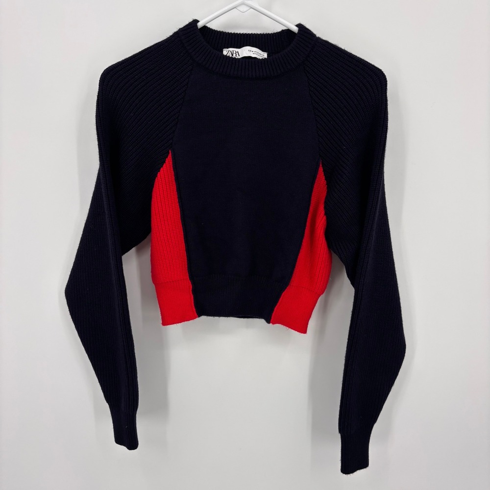 Zara Sweater Women Medium Navy Blue Red Excellent Colorblock Cropped Crew Neck